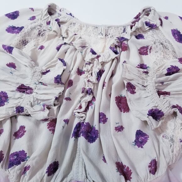 Intimately Free People Floral Print Ruffle Lace Bodysuit Blouse Long Sleeves - Picture 12 of 16
